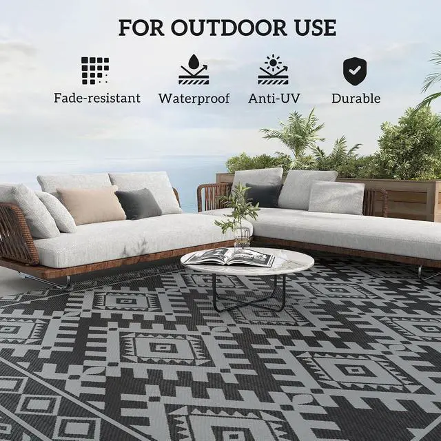 Alt view image 6 of 7 - Outdoor Rug for Patio Waterproof 9' x 18' Black & Gray Rhombus | Large Mat, Reversible Plastic Straw Rug, Decor, Portable Outside RV Camping Area Carpet Mat, Backyard Porch Deck Picnic