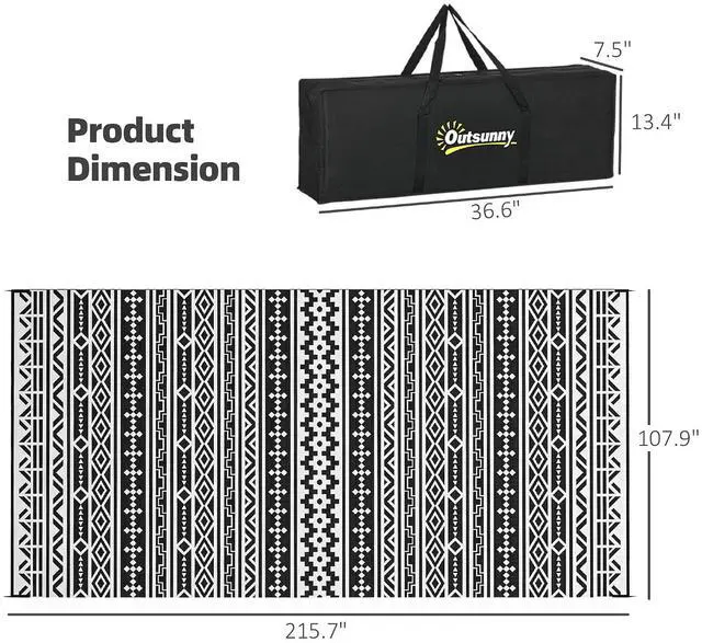 Alt view image 2 of 7 - Outdoor Rug for Patio Waterproof 9' x 18' Black & White Geometric | Large Mat, Reversible Plastic Straw Rug, Decor, Portable Outside RV Camping Area Carpet Mat, Backyard Porch Deck Picnic