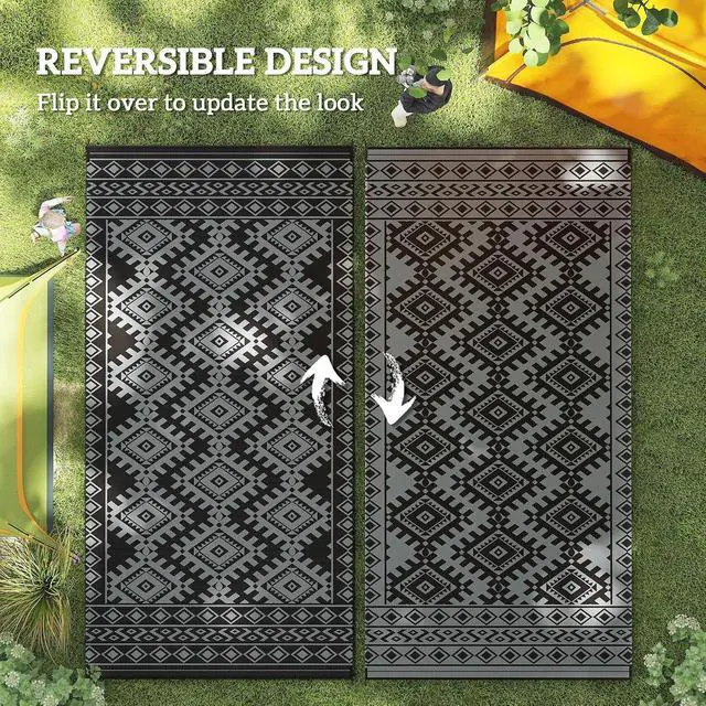 Alt view image 7 of 7 - Outdoor Rug for Patio Waterproof 9' x 18' Black & Gray Rhombus | Large Mat, Reversible Plastic Straw Rug, Decor, Portable Outside RV Camping Area Carpet Mat, Backyard Porch Deck Picnic