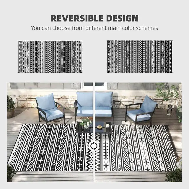 Alt view image 4 of 7 - Outdoor Rug for Patio Waterproof 9' x 18' Black & White Geometric | Large Mat, Reversible Plastic Straw Rug, Decor, Portable Outside RV Camping Area Carpet Mat, Backyard Porch Deck Picnic