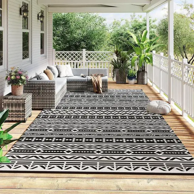 Alt view image 3 of 7 - Outdoor Rug for Patio Waterproof 9' x 18' Black & White Geometric | Large Mat, Reversible Plastic Straw Rug, Decor, Portable Outside RV Camping Area Carpet Mat, Backyard Porch Deck Picnic