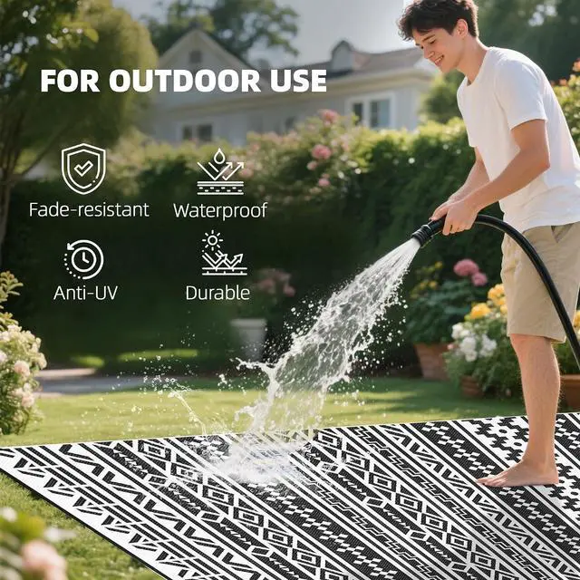 Alt view image 6 of 7 - Outdoor Rug for Patio Waterproof 9' x 18' Black & White Geometric | Large Mat, Reversible Plastic Straw Rug, Decor, Portable Outside RV Camping Area Carpet Mat, Backyard Porch Deck Picnic
