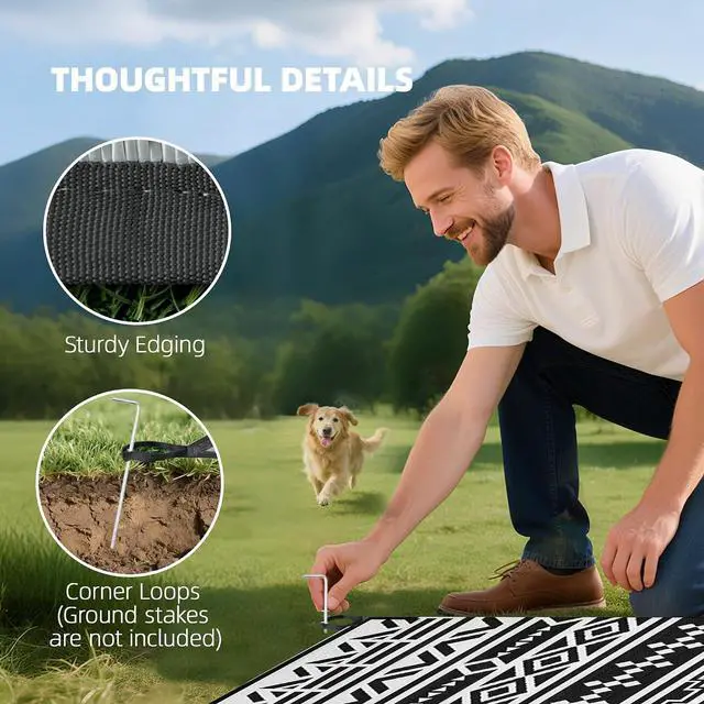 Alt view image 7 of 7 - Outdoor Rug for Patio Waterproof 9' x 18' Black & White Geometric | Large Mat, Reversible Plastic Straw Rug, Decor, Portable Outside RV Camping Area Carpet Mat, Backyard Porch Deck Picnic