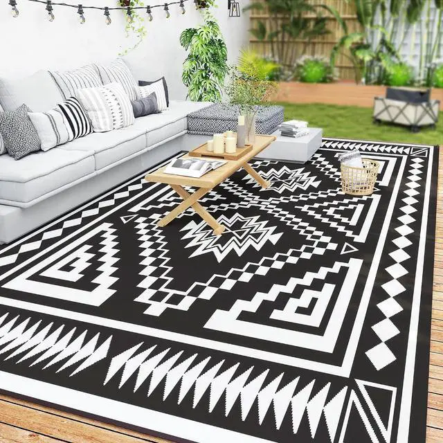 Main image of Outdoor Rug for Patio Waterproof 9' x 18' Black & Gray Square | Large Mat, Reversible Plastic Straw Rug, Decor, Portable Outside RV Camping Area Carpet Mat, Backyard Porch Deck Picnic