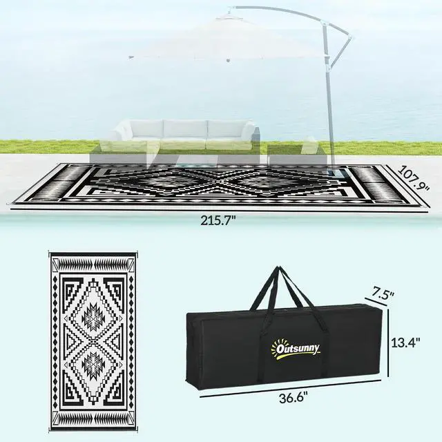 Alt view image 2 of 7 - Outdoor Rug for Patio Waterproof 9' x 18' Black & Gray Square | Large Mat, Reversible Plastic Straw Rug, Decor, Portable Outside RV Camping Area Carpet Mat, Backyard Porch Deck Picnic