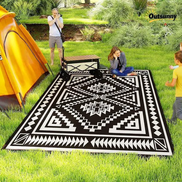Alt view image 3 of 7 - Outdoor Rug for Patio Waterproof 9' x 18' Black & Gray Square | Large Mat, Reversible Plastic Straw Rug, Decor, Portable Outside RV Camping Area Carpet Mat, Backyard Porch Deck Picnic