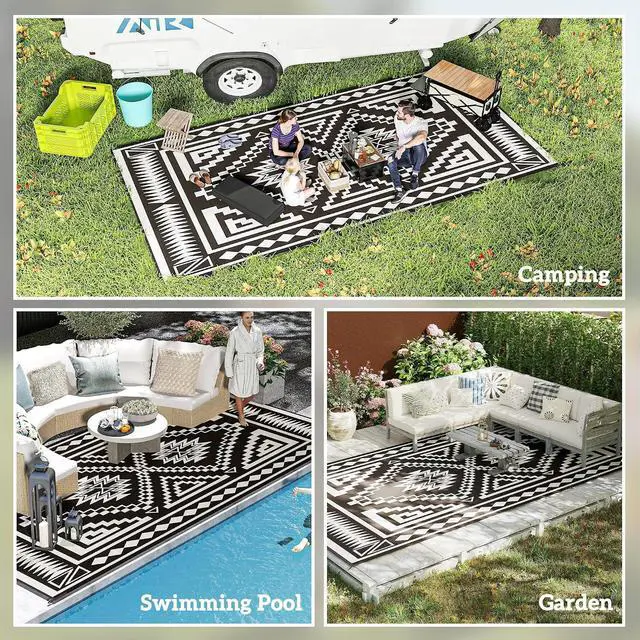 Alt view image 5 of 7 - Outdoor Rug for Patio Waterproof 9' x 18' Black & Gray Square | Large Mat, Reversible Plastic Straw Rug, Decor, Portable Outside RV Camping Area Carpet Mat, Backyard Porch Deck Picnic