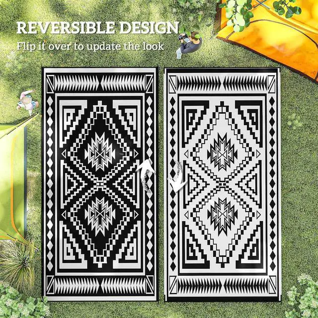 Alt view image 7 of 7 - Outdoor Rug for Patio Waterproof 9' x 18' Black & Gray Square | Large Mat, Reversible Plastic Straw Rug, Decor, Portable Outside RV Camping Area Carpet Mat, Backyard Porch Deck Picnic