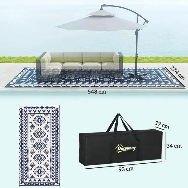 Alt view image 2 of 7 - Outdoor Rug for Patio Waterproof 9' x 18' Blue & White Rhombus | Large Mat, Reversible Plastic Straw Rug, Decor, Portable Outside RV Camping Area Carpet Mat, Backyard Porch Deck Picnic