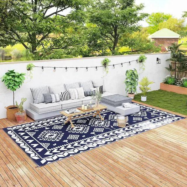 Main image of Outdoor Rug for Patio Waterproof 9' x 18' Blue & White Rhombus | Large Mat, Reversible Plastic Straw Rug, Decor, Portable Outside RV Camping Area Carpet Mat, Backyard Porch Deck Picnic