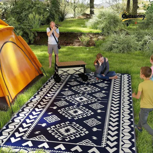 Alt view image 3 of 7 - Outdoor Rug for Patio Waterproof 9' x 18' Blue & White Rhombus | Large Mat, Reversible Plastic Straw Rug, Decor, Portable Outside RV Camping Area Carpet Mat, Backyard Porch Deck Picnic