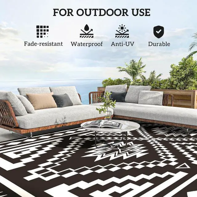 Alt view image 6 of 7 - Outdoor Rug for Patio Waterproof 9' x 18' Black & Gray Square | Large Mat, Reversible Plastic Straw Rug, Decor, Portable Outside RV Camping Area Carpet Mat, Backyard Porch Deck Picnic