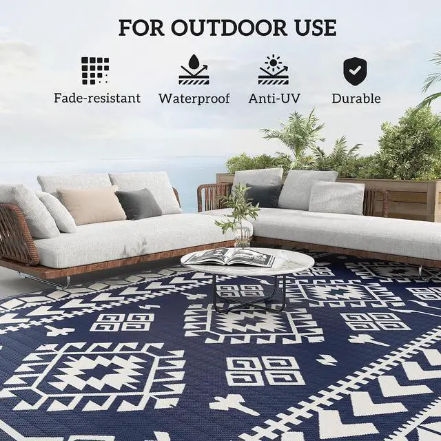 Alt view image 6 of 7 - Outdoor Rug for Patio Waterproof 9' x 18' Blue & White Rhombus | Large Mat, Reversible Plastic Straw Rug, Decor, Portable Outside RV Camping Area Carpet Mat, Backyard Porch Deck Picnic