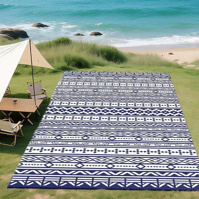 Main image of Outdoor Rug for Patio Waterproof 9' x 18' Blue & White Geometric | Large Mat, Reversible Plastic Straw Rug, Decor, Portable Outside RV Camping Area Carpet Mat, Backyard Porch Deck Picnic