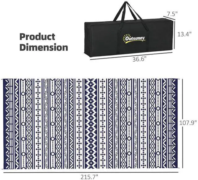 Alt view image 2 of 7 - Outdoor Rug for Patio Waterproof 9' x 18' Blue & White Geometric | Large Mat, Reversible Plastic Straw Rug, Decor, Portable Outside RV Camping Area Carpet Mat, Backyard Porch Deck Picnic