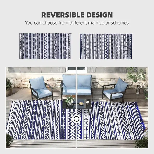Alt view image 4 of 7 - Outdoor Rug for Patio Waterproof 9' x 18' Blue & White Geometric | Large Mat, Reversible Plastic Straw Rug, Decor, Portable Outside RV Camping Area Carpet Mat, Backyard Porch Deck Picnic