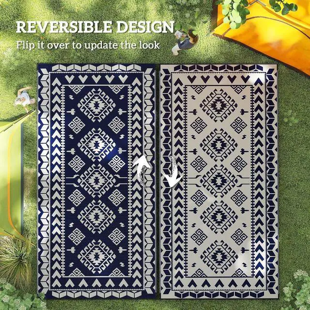 Alt view image 7 of 7 - Outdoor Rug for Patio Waterproof 9' x 18' Blue & White Rhombus | Large Mat, Reversible Plastic Straw Rug, Decor, Portable Outside RV Camping Area Carpet Mat, Backyard Porch Deck Picnic