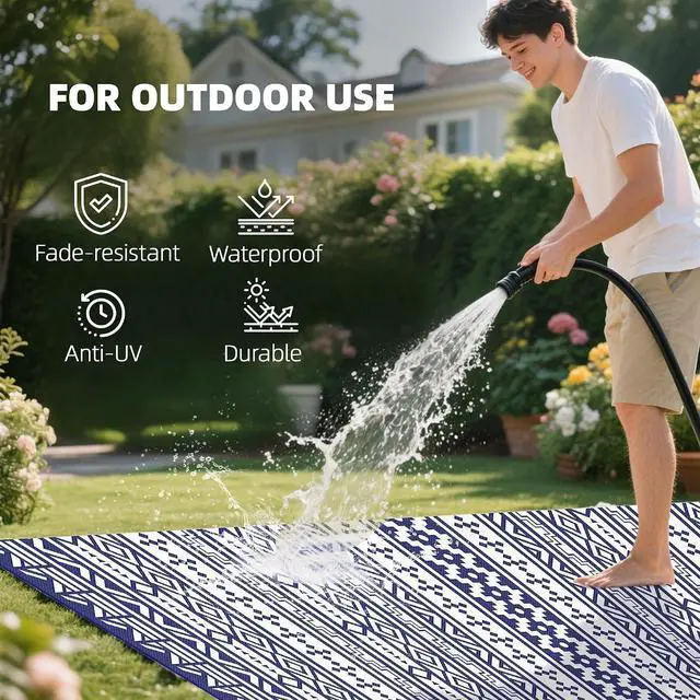 Alt view image 6 of 7 - Outdoor Rug for Patio Waterproof 9' x 18' Blue & White Geometric | Large Mat, Reversible Plastic Straw Rug, Decor, Portable Outside RV Camping Area Carpet Mat, Backyard Porch Deck Picnic