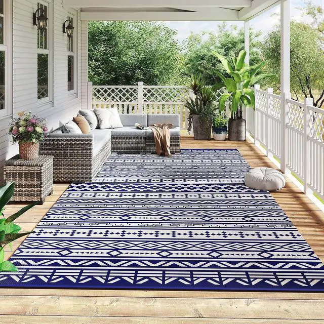 Alt view image 3 of 7 - Outdoor Rug for Patio Waterproof 9' x 18' Blue & White Geometric | Large Mat, Reversible Plastic Straw Rug, Decor, Portable Outside RV Camping Area Carpet Mat, Backyard Porch Deck Picnic