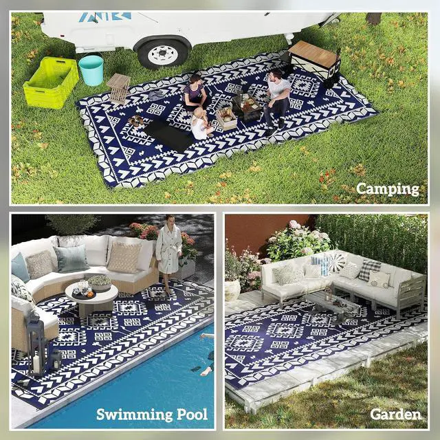Alt view image 5 of 7 - Outdoor Rug for Patio Waterproof 9' x 18' Blue & White Rhombus | Large Mat, Reversible Plastic Straw Rug, Decor, Portable Outside RV Camping Area Carpet Mat, Backyard Porch Deck Picnic