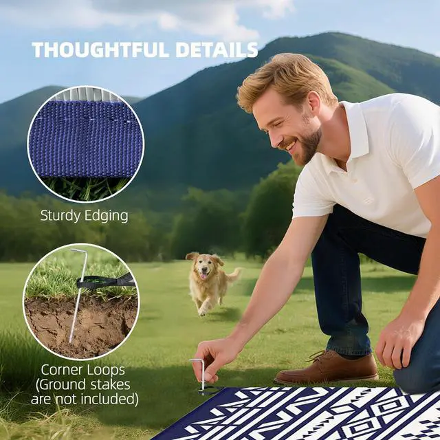 Alt view image 7 of 7 - Outdoor Rug for Patio Waterproof 9' x 18' Blue & White Geometric | Large Mat, Reversible Plastic Straw Rug, Decor, Portable Outside RV Camping Area Carpet Mat, Backyard Porch Deck Picnic