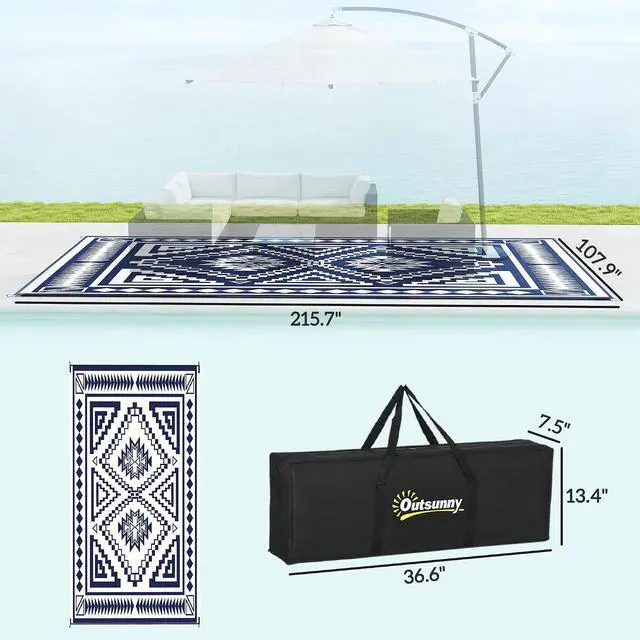 Alt view image 2 of 7 - Outdoor Rug for Patio Waterproof 9' x 18' Blue & White Square | Large Mat, Reversible Plastic Straw Rug, Decor, Portable Outside RV Camping Area Carpet Mat, Backyard Porch Deck Picnic