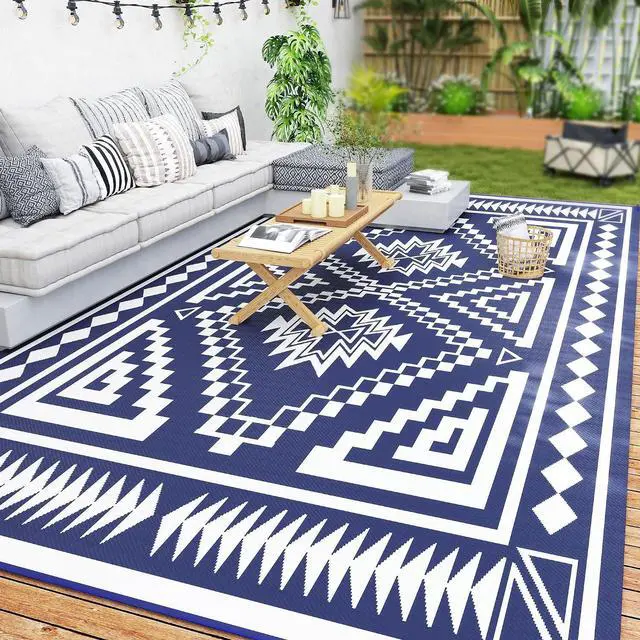 Main image of Outdoor Rug for Patio Waterproof 9' x 18' Blue & White Square | Large Mat, Reversible Plastic Straw Rug, Decor, Portable Outside RV Camping Area Carpet Mat, Backyard Porch Deck Picnic