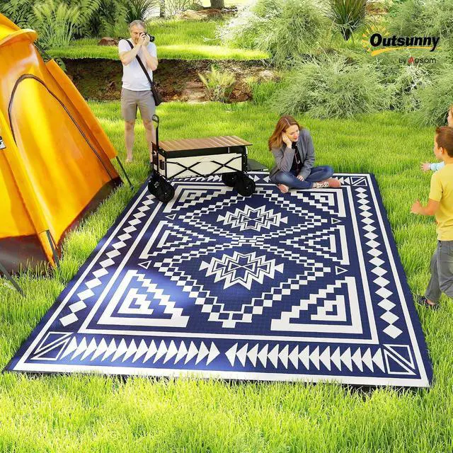 Alt view image 3 of 7 - Outdoor Rug for Patio Waterproof 9' x 18' Blue & White Square | Large Mat, Reversible Plastic Straw Rug, Decor, Portable Outside RV Camping Area Carpet Mat, Backyard Porch Deck Picnic