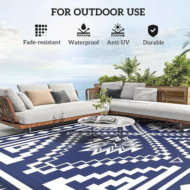 Alt view image 6 of 7 - Outdoor Rug for Patio Waterproof 9' x 18' Blue & White Square | Large Mat, Reversible Plastic Straw Rug, Decor, Portable Outside RV Camping Area Carpet Mat, Backyard Porch Deck Picnic