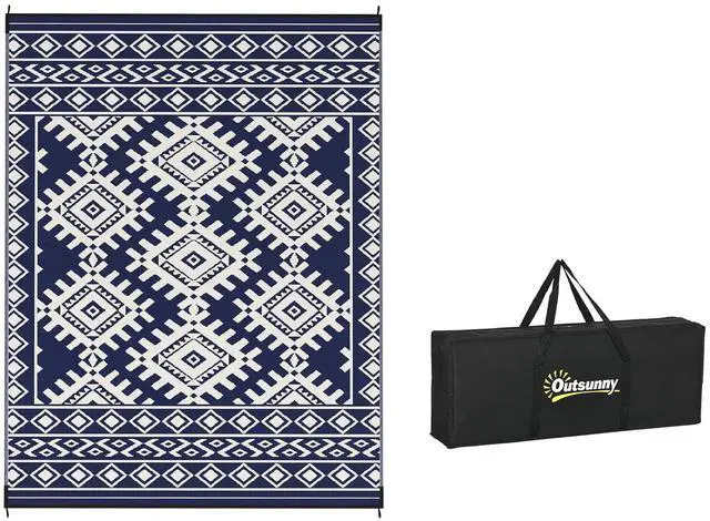 Main image of Outdoor Rug for Patio Waterproof 9' x 12' Blue & White Rhombus | Large Mat, Reversible Plastic Straw Rug, Decor, Portable Outside RV Camping Area Carpet Mat, Backyard Porch Deck Picnic