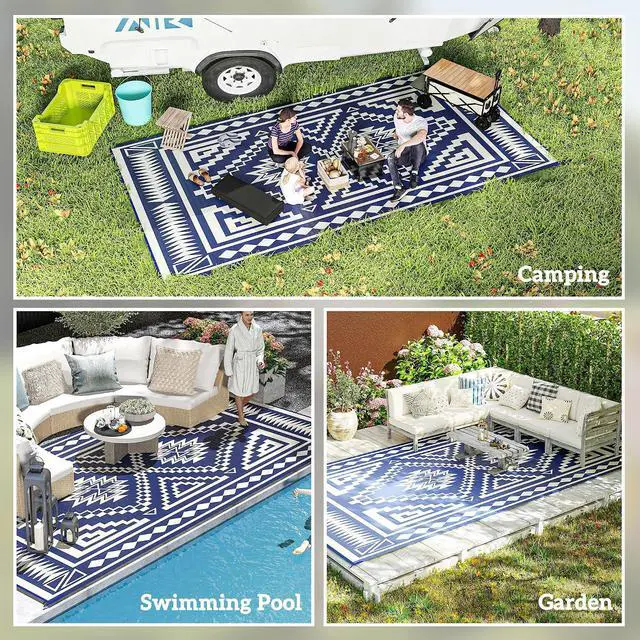 Alt view image 5 of 7 - Outdoor Rug for Patio Waterproof 9' x 18' Blue & White Square | Large Mat, Reversible Plastic Straw Rug, Decor, Portable Outside RV Camping Area Carpet Mat, Backyard Porch Deck Picnic