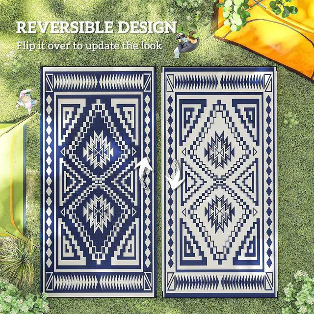 Alt view image 7 of 7 - Outdoor Rug for Patio Waterproof 9' x 18' Blue & White Square | Large Mat, Reversible Plastic Straw Rug, Decor, Portable Outside RV Camping Area Carpet Mat, Backyard Porch Deck Picnic