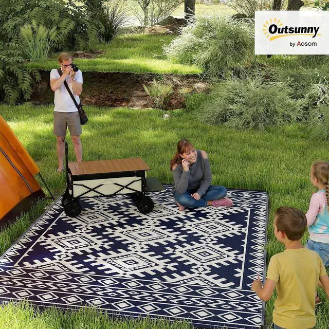 Alt view image 2 of 7 - Outdoor Rug for Patio Waterproof 9' x 12' Blue & White Rhombus | Large Mat, Reversible Plastic Straw Rug, Decor, Portable Outside RV Camping Area Carpet Mat, Backyard Porch Deck Picnic