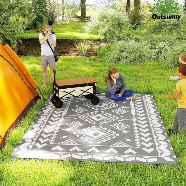 Alt view image 3 of 7 - Outdoor Rug for Patio Waterproof 9' x 12' Black & White Rhombus | Large Mat, Reversible Plastic Straw Rug, Decor, Portable Outside RV Camping Area Carpet Mat, Backyard Porch Deck Picnic