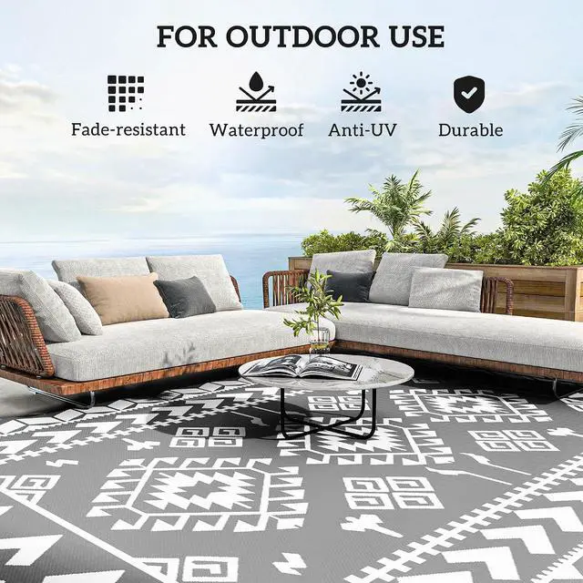 Alt view image 6 of 7 - Outdoor Rug for Patio Waterproof 9' x 12' Black & White Rhombus | Large Mat, Reversible Plastic Straw Rug, Decor, Portable Outside RV Camping Area Carpet Mat, Backyard Porch Deck Picnic