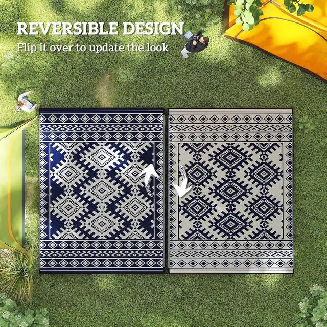 Alt view image 7 of 7 - Outdoor Rug for Patio Waterproof 9' x 12' Blue & White Rhombus | Large Mat, Reversible Plastic Straw Rug, Decor, Portable Outside RV Camping Area Carpet Mat, Backyard Porch Deck Picnic