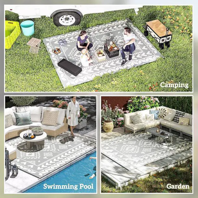 Alt view image 5 of 7 - Outdoor Rug for Patio Waterproof 9' x 12' Black & White Rhombus | Large Mat, Reversible Plastic Straw Rug, Decor, Portable Outside RV Camping Area Carpet Mat, Backyard Porch Deck Picnic