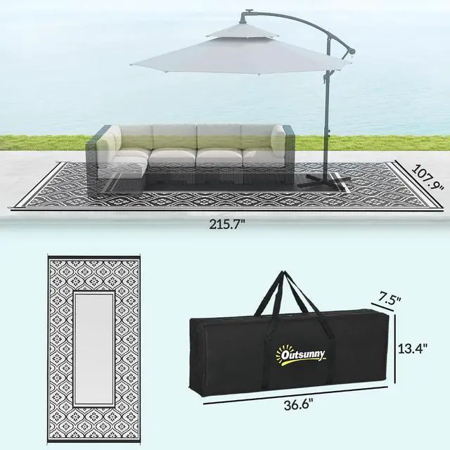 Alt view image 2 of 7 - Outdoor Rug for Patio Waterproof 9' x 18' Black & White Gourd | Large Mat, Reversible Plastic Straw Rug, Decor, Portable Outside RV Camping Area Carpet Mat, Backyard Porch Deck Picnic