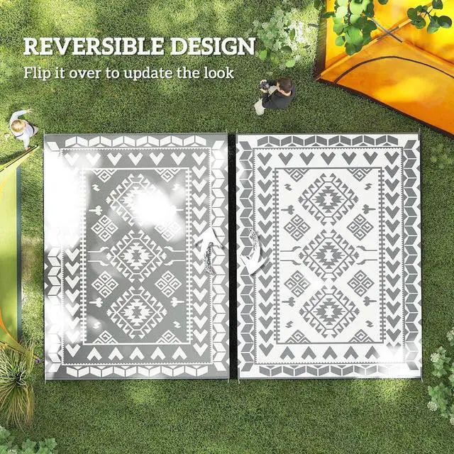 Alt view image 7 of 7 - Outdoor Rug for Patio Waterproof 9' x 12' Black & White Rhombus | Large Mat, Reversible Plastic Straw Rug, Decor, Portable Outside RV Camping Area Carpet Mat, Backyard Porch Deck Picnic