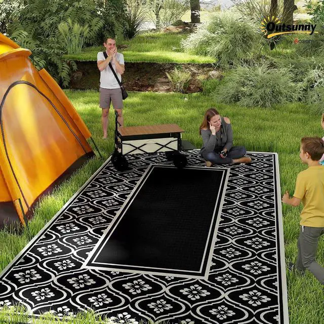 Alt view image 3 of 7 - Outdoor Rug for Patio Waterproof 9' x 18' Black & White Gourd | Large Mat, Reversible Plastic Straw Rug, Decor, Portable Outside RV Camping Area Carpet Mat, Backyard Porch Deck Picnic