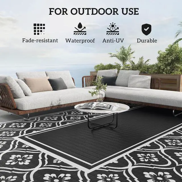 Alt view image 6 of 7 - Outdoor Rug for Patio Waterproof 9' x 18' Black & White Gourd | Large Mat, Reversible Plastic Straw Rug, Decor, Portable Outside RV Camping Area Carpet Mat, Backyard Porch Deck Picnic
