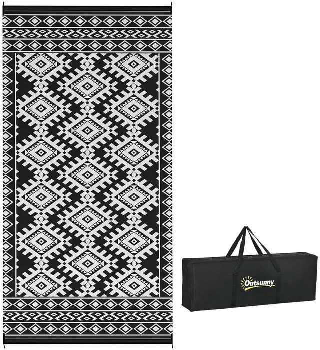 Main image of Outdoor Rug for Patio Waterproof 9' x 18' Black & White Rhombus | Large Mat, Reversible Plastic Straw Rug, Decor, Portable Outside RV Camping Area Carpet Mat, Backyard Porch Deck Picnic