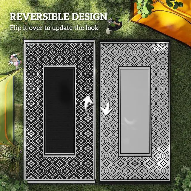 Alt view image 7 of 7 - Outdoor Rug for Patio Waterproof 9' x 18' Black & White Gourd | Large Mat, Reversible Plastic Straw Rug, Decor, Portable Outside RV Camping Area Carpet Mat, Backyard Porch Deck Picnic