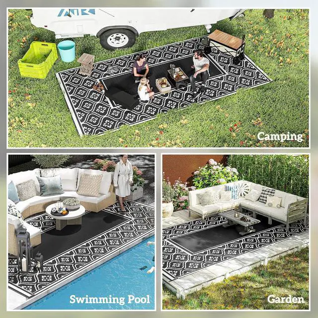 Alt view image 5 of 7 - Outdoor Rug for Patio Waterproof 9' x 18' Black & White Gourd | Large Mat, Reversible Plastic Straw Rug, Decor, Portable Outside RV Camping Area Carpet Mat, Backyard Porch Deck Picnic