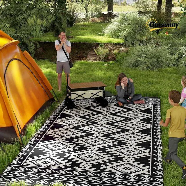 Alt view image 2 of 7 - Outdoor Rug for Patio Waterproof 9' x 18' Black & White Rhombus | Large Mat, Reversible Plastic Straw Rug, Decor, Portable Outside RV Camping Area Carpet Mat, Backyard Porch Deck Picnic