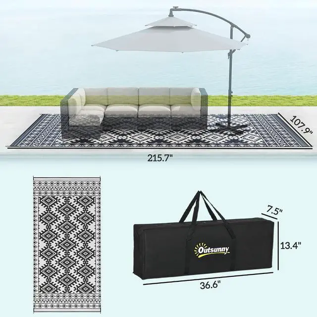 Alt view image 3 of 7 - Outdoor Rug for Patio Waterproof 9' x 18' Black & White Rhombus | Large Mat, Reversible Plastic Straw Rug, Decor, Portable Outside RV Camping Area Carpet Mat, Backyard Porch Deck Picnic