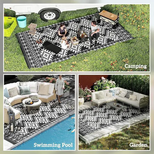 Alt view image 5 of 7 - Outdoor Rug for Patio Waterproof 9' x 18' Black & White Rhombus | Large Mat, Reversible Plastic Straw Rug, Decor, Portable Outside RV Camping Area Carpet Mat, Backyard Porch Deck Picnic