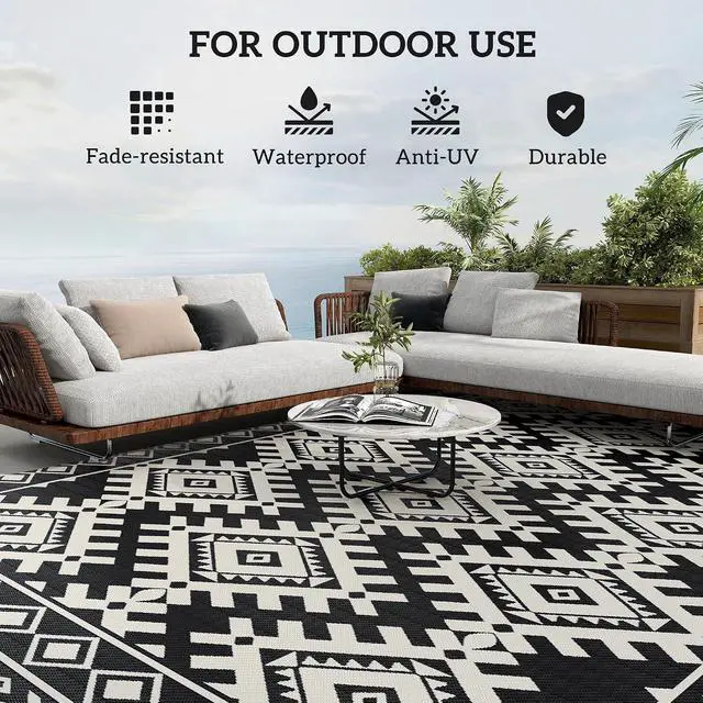 Alt view image 6 of 7 - Outdoor Rug for Patio Waterproof 9' x 18' Black & White Rhombus | Large Mat, Reversible Plastic Straw Rug, Decor, Portable Outside RV Camping Area Carpet Mat, Backyard Porch Deck Picnic