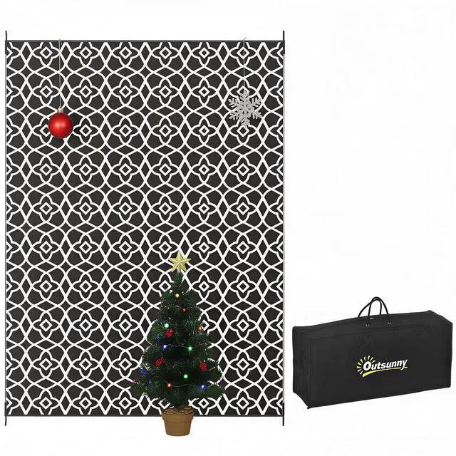 Main image of Outdoor Rug for Patio, 9' x 12' Waterproof Large Mat, Reversible Plastic Straw Rug for Decor, Portable Outside RV Camping Area Carpet Mat for Backyard Porch Deck Picnic, Black & White Clover