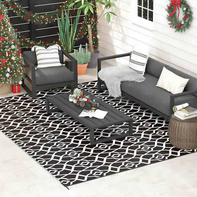 Alt view image 2 of 7 - Outdoor Rug for Patio, 9' x 12' Waterproof Large Mat, Reversible Plastic Straw Rug for Decor, Portable Outside RV Camping Area Carpet Mat for Backyard Porch Deck Picnic, Black & White Clover